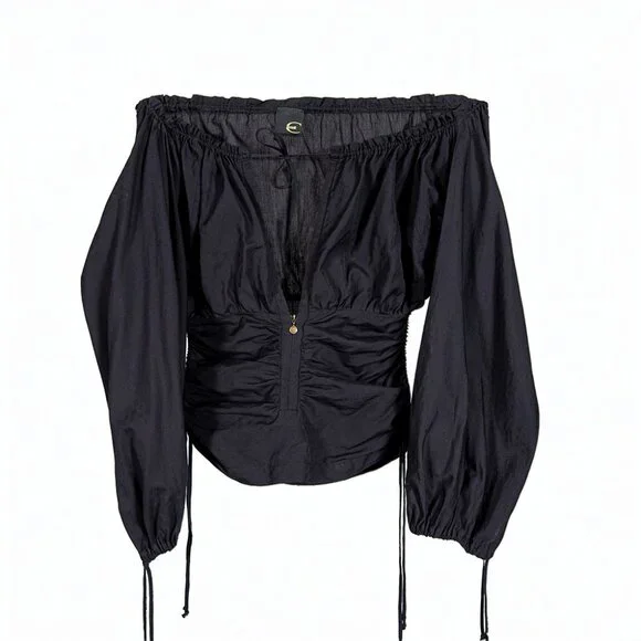 Just Cavalli Black Off Shoulder Ruched Blouse Size 4 | Designer Long Sleeve Top - Picture 1 of 5
